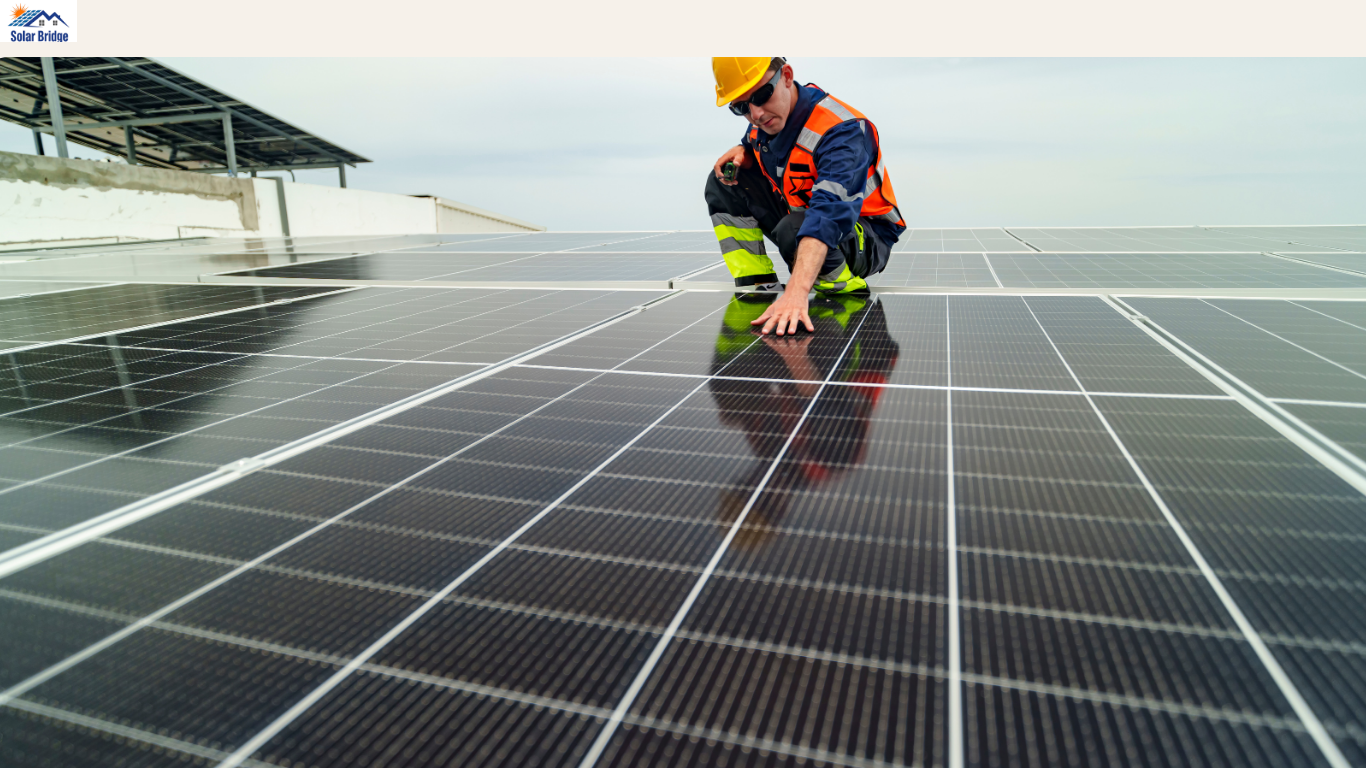 Solar worker inspecting panel